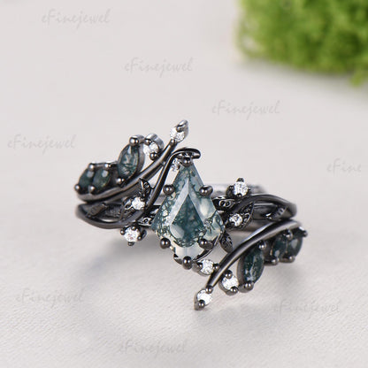 Gothic Black Gold Wedding Ring Set, Kite Moss Agate Engagement Ring, Hexagon Alexandrite Band