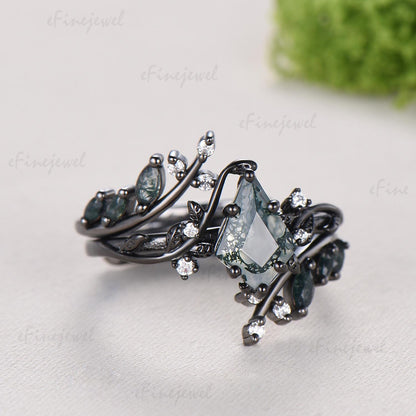 Gothic Black Gold Wedding Ring Set, Kite Moss Agate Engagement Ring, Hexagon Alexandrite Band