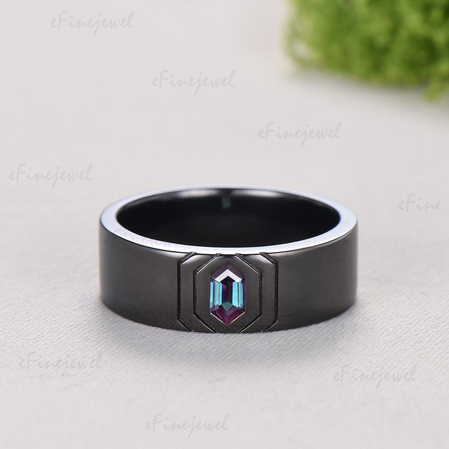 Gothic Black Gold Wedding Ring Set, Kite Moss Agate Engagement Ring, Hexagon Alexandrite Band