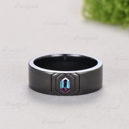 Gothic Black Gold Wedding Ring Set, Kite Moss Agate Engagement Ring, Hexagon Alexandrite Band