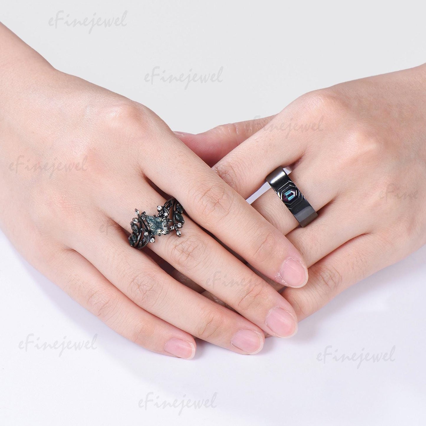 Gothic Black Gold Wedding Ring Set, Kite Moss Agate Engagement Ring, Hexagon Alexandrite Band