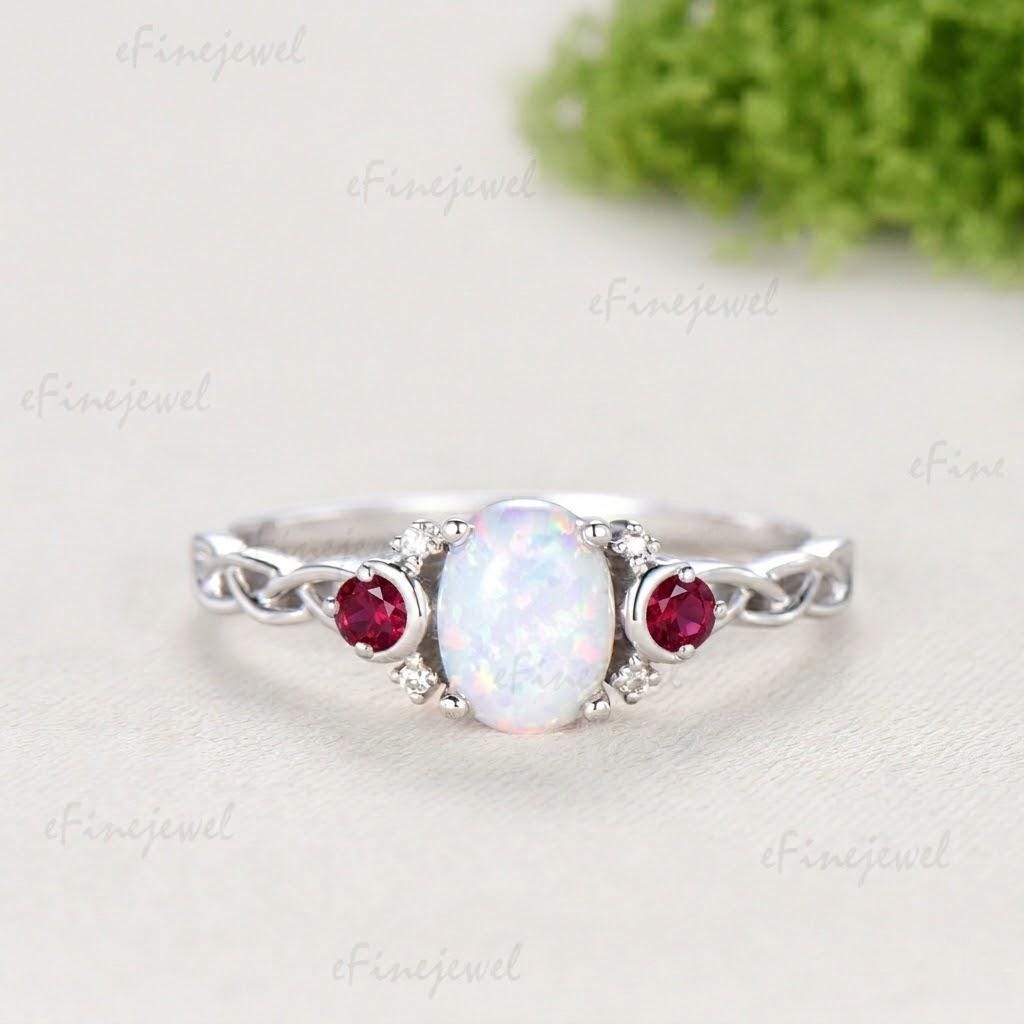 Norse Viking Opal Ring 1.5 Carat Oval Opal Moon Engagement Ring Cluster Amethyst Moissanite Wedding Band Alternative October Birthstone Gift