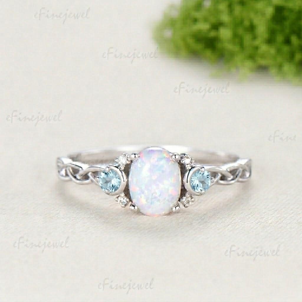 Norse Viking Opal Ring 1.5 Carat Oval Opal Moon Engagement Ring Cluster Amethyst Moissanite Wedding Band Alternative October Birthstone Gift