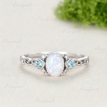 Norse Viking Opal Ring 1.5 Carat Oval Opal Moon Engagement Ring Cluster Amethyst Moissanite Wedding Band Alternative October Birthstone Gift