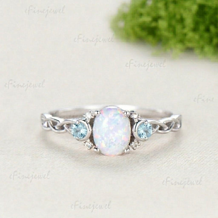 Norse Viking Opal Ring 1.5 Carat Oval Opal Moon Engagement Ring Cluster Amethyst Moissanite Wedding Band Alternative October Birthstone Gift