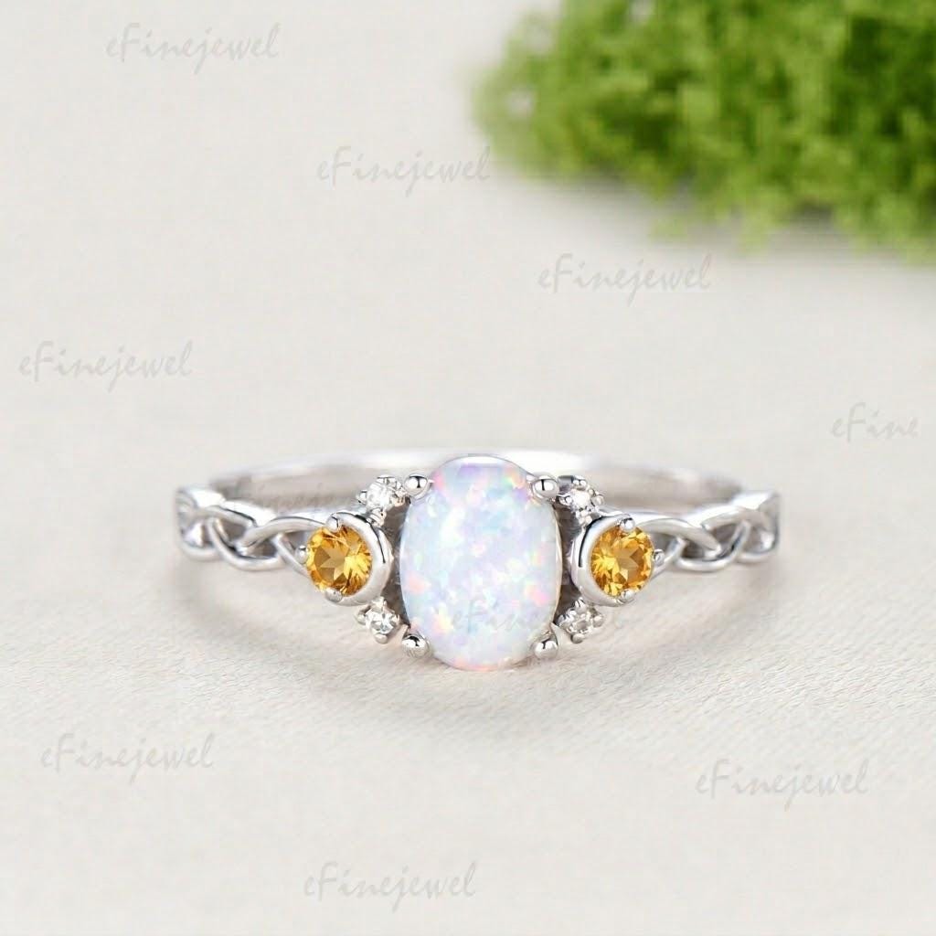 Norse Viking Opal Ring 1.5 Carat Oval Opal Moon Engagement Ring Cluster Amethyst Moissanite Wedding Band Alternative October Birthstone Gift