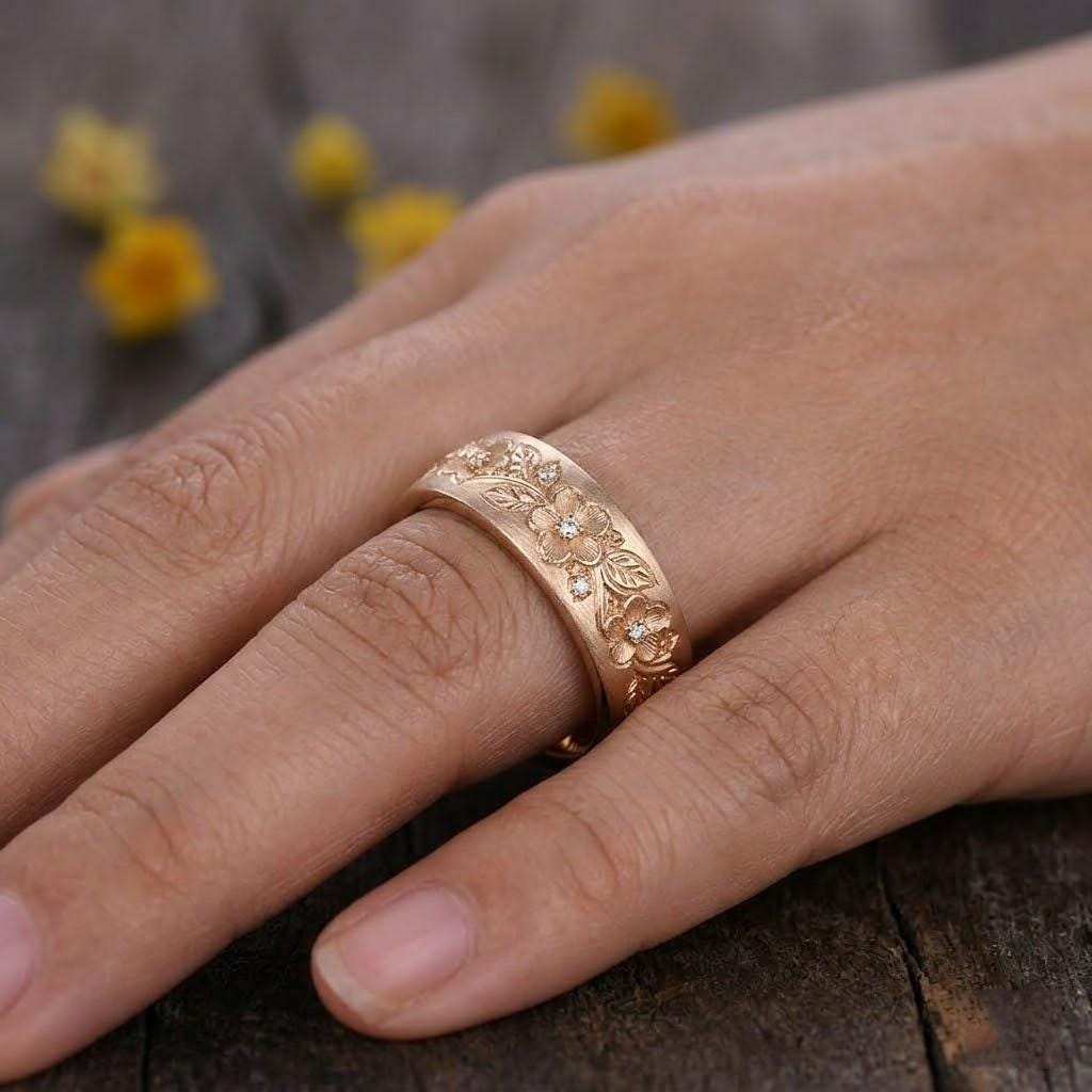 14k Solid Gold Flower Ring: Nature Inspired Mens Wedding Band, Matt Finish