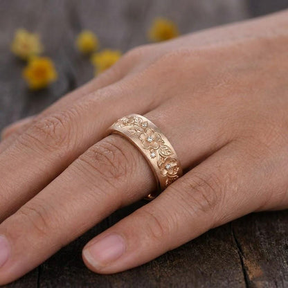 14k Solid Gold Flower Ring: Nature Inspired Mens Wedding Band, Matt Finish