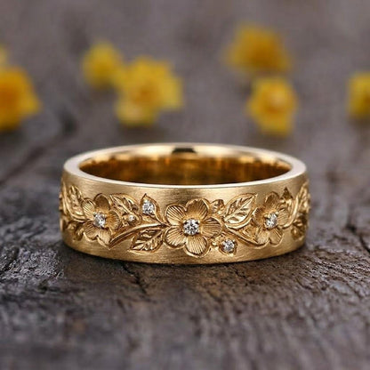 14k Solid Gold Flower Ring: Nature Inspired Mens Wedding Band, Matt Finish