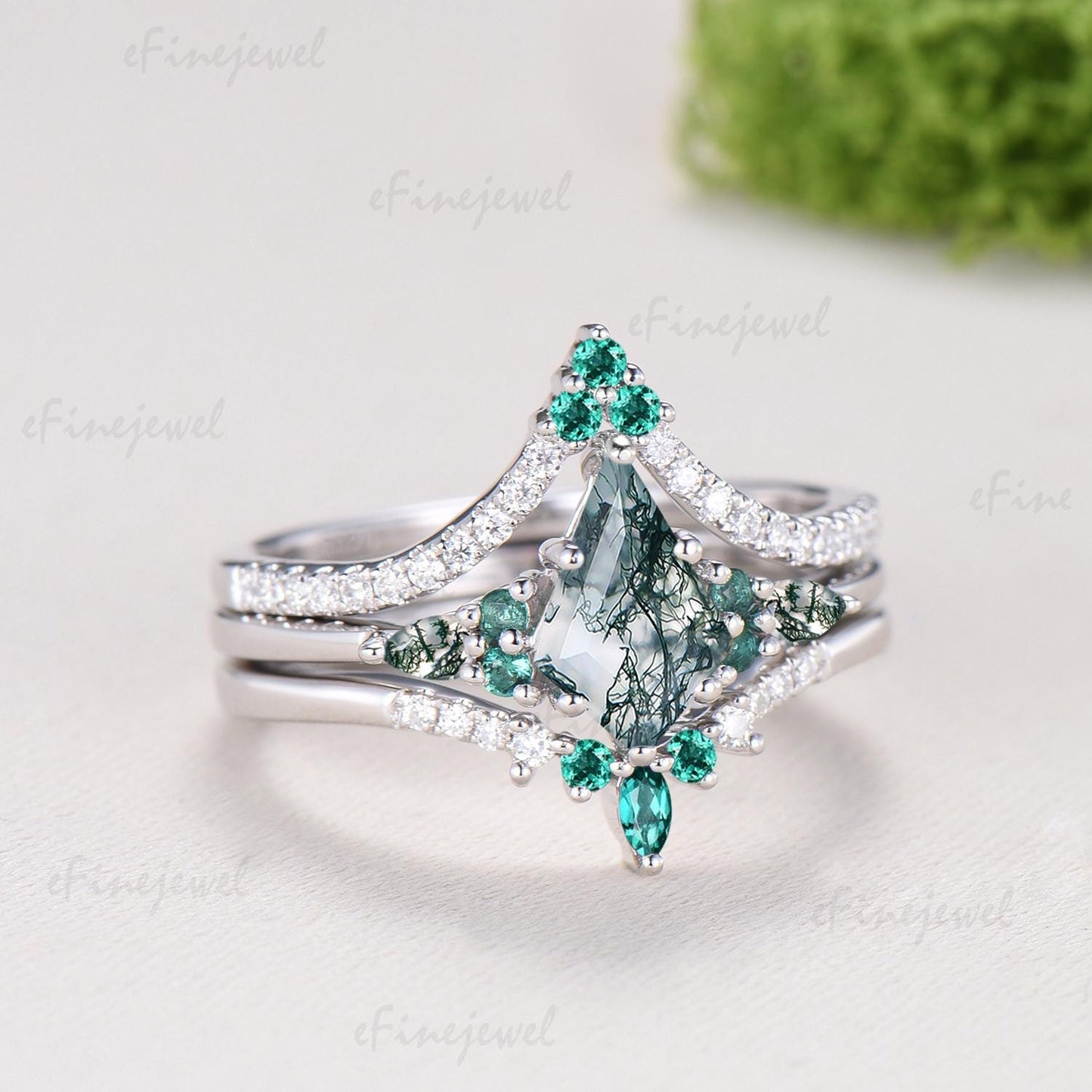 Kite Cut Moss Agate Engagement Ring Set, 14K White Gold Emerald Wedding Set