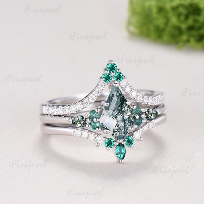 Kite Cut Moss Agate Engagement Ring Set, 14K White Gold Emerald Wedding Set