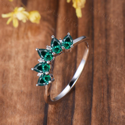 Tear Drop Emerald Wedding Ring, Five Stone Curved Matching Band, May Birthday Gift for Mom