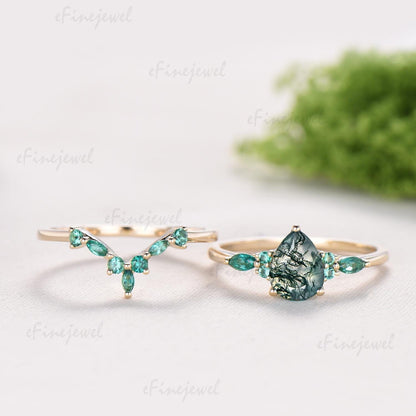 1.25 Ct Pear Shaped Natural Moss Agate Engagement Ring Set, Art Deco Marquise Wedding Band, Green Emerald Bridal Set