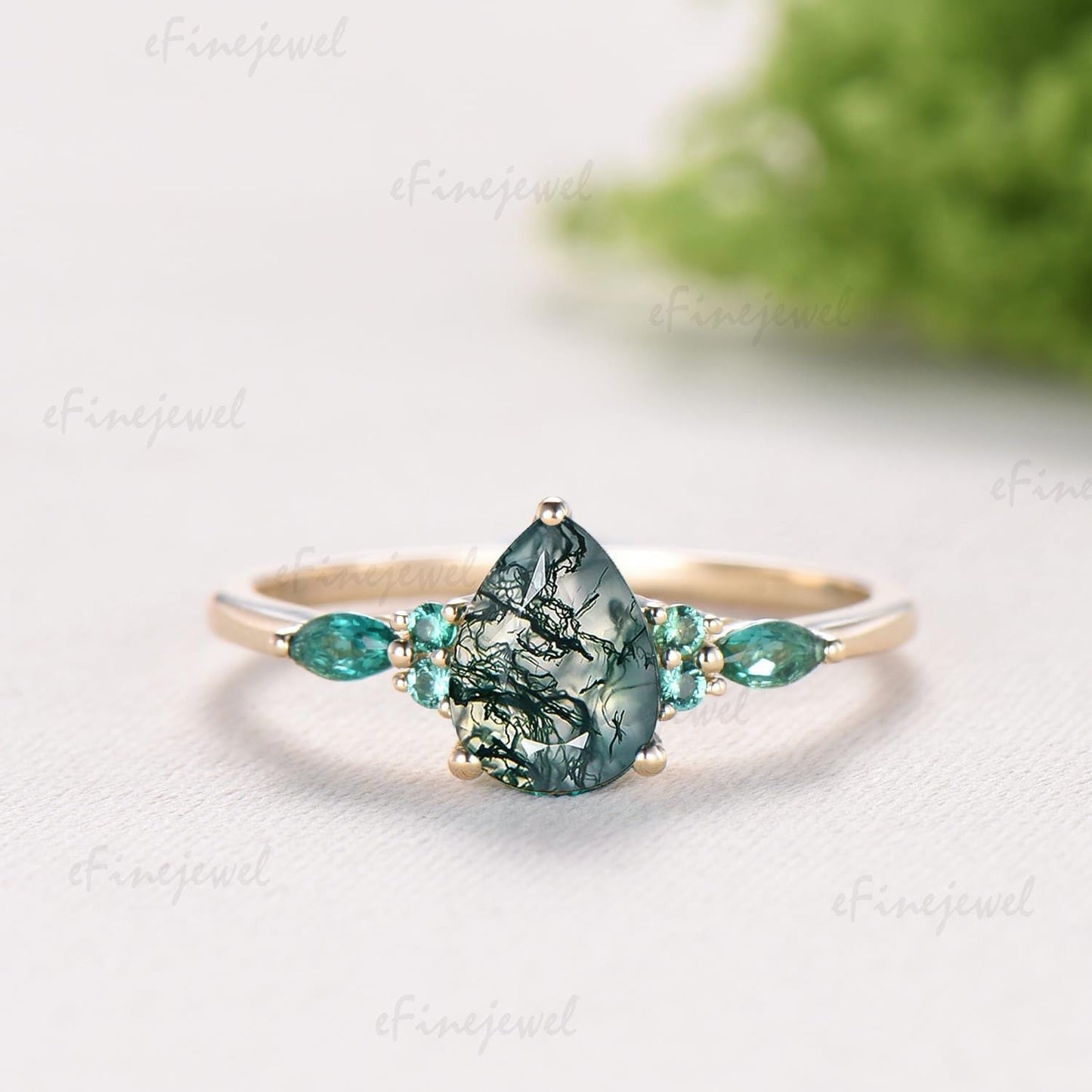 1.25 Ct Pear Shaped Natural Moss Agate Engagement Ring Set, Art Deco Marquise Wedding Band, Green Emerald Bridal Set
