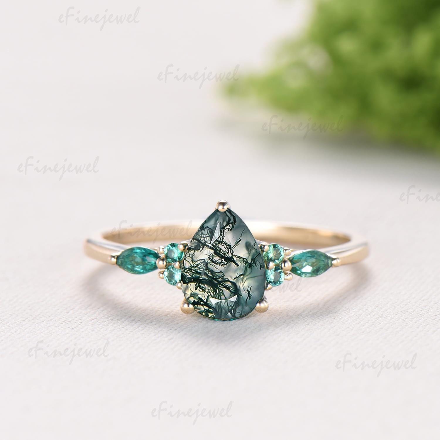 1.25 Ct Pear Shaped Natural Moss Agate Engagement Ring Set, Art Deco Marquise Wedding Band, Green Emerald Bridal Set
