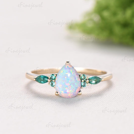 Pear White Opal Engagement Ring Set, Art Deco Marquise Emerald Wedding Band, Fire Opal Emerald Wedding Set