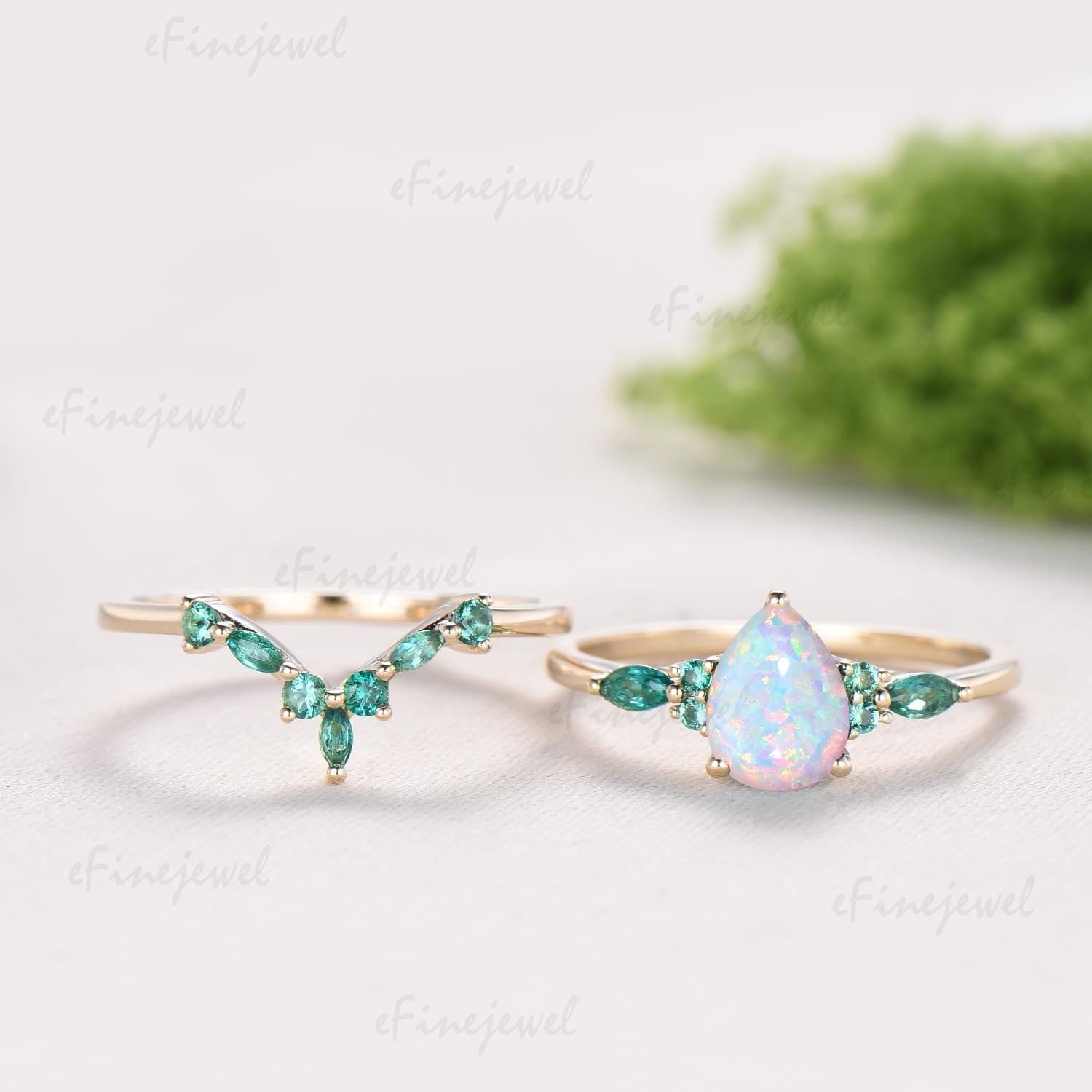 Pear White Opal Engagement Ring Set, Art Deco Marquise Emerald Wedding Band, Fire Opal Emerald Wedding Set