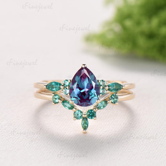 Pear Alexandrite Engagement Ring Set, Art Deco Marquise Emerald Wedding Band, Color Change Gemstone Bridal Set