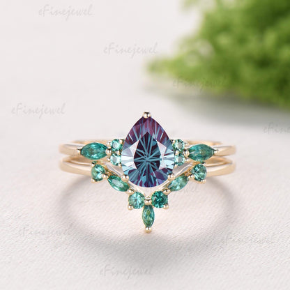 1.25 CT Pear Vintage Firework Cut Alexandrite Engagement Ring Set, Art Deco Marquise Emerald Wedding Band