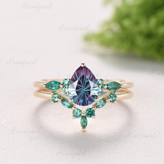 1.25 CT Pear Vintage Firework Cut Alexandrite Engagement Ring Set, Art Deco Marquise Emerald Wedding Band