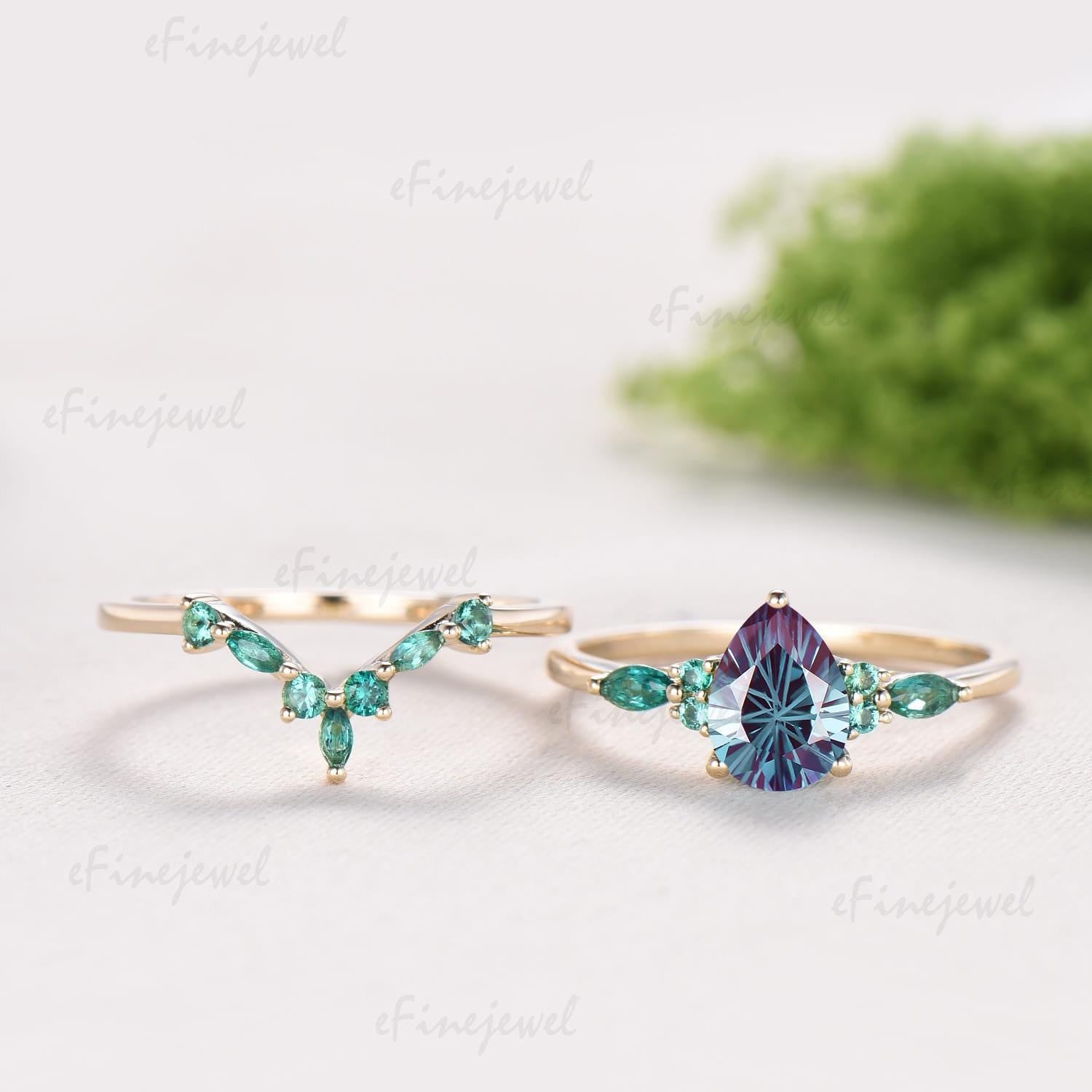 1.25 CT Pear Vintage Firework Cut Alexandrite Engagement Ring Set, Art Deco Marquise Emerald Wedding Band