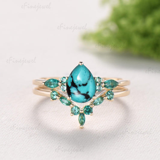 Vintage Pear Turquoise Engagement Ring Set, Art Deco Marquise Emerald Wedding Band,14K Yellow Gold Bridal Set