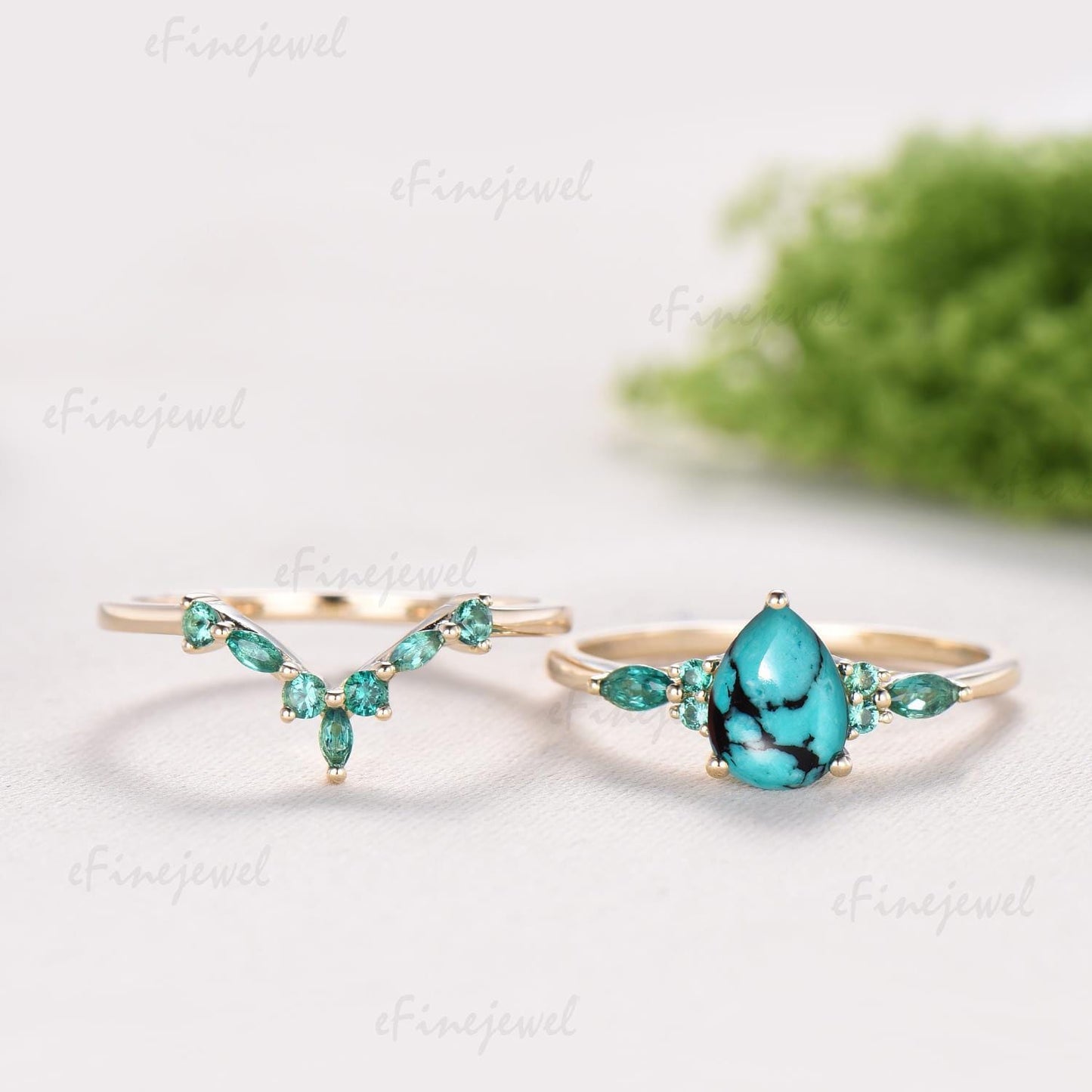 Vintage Pear Turquoise Engagement Ring Set, Art Deco Marquise Emerald Wedding Band,14K Yellow Gold Bridal Set