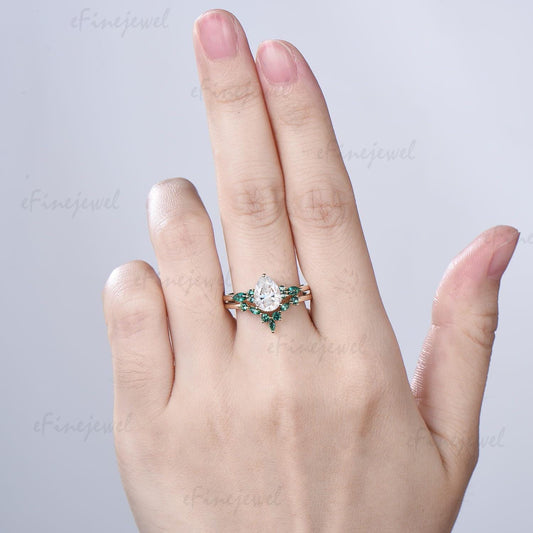 Vintage Pear Shaped Lab Grown Diamond&Moissanite Engagement Ring Set, Art Deco Marquise Emerald Wedding Band, 14K Yellow Gold Bridal Set
