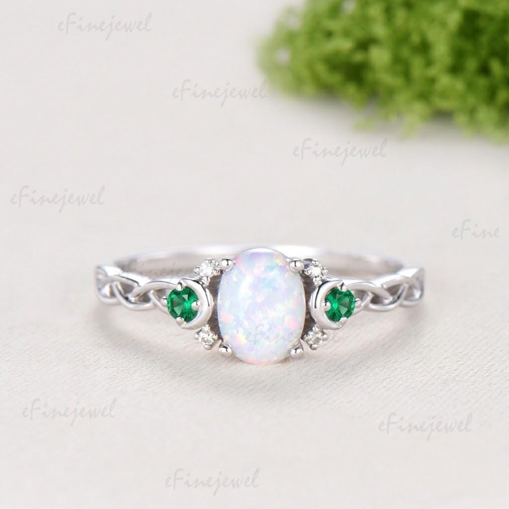Norse Viking Opal Ring 1.5 Carat Oval Opal Moon Engagement Ring Cluster Amethyst Moissanite Wedding Band Alternative October Birthstone Gift