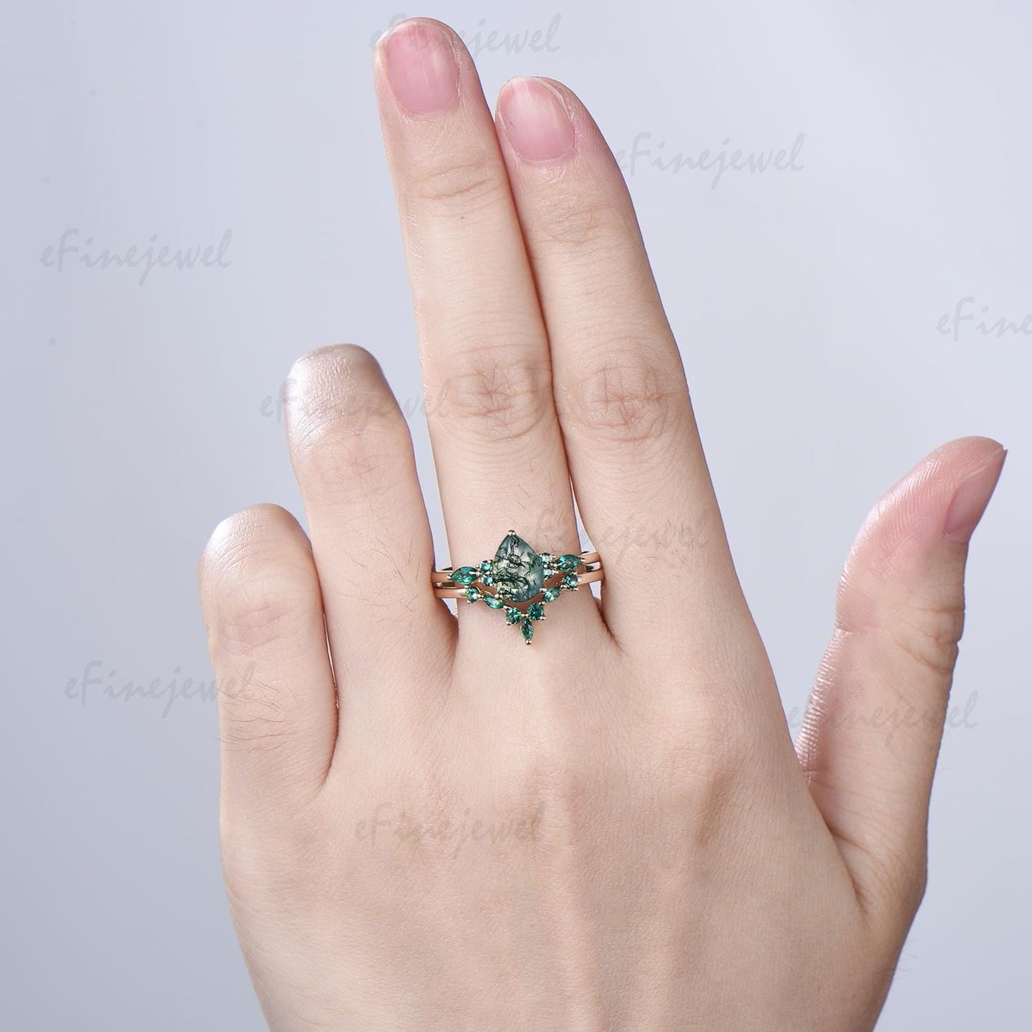 1.25 Ct Pear Shaped Natural Moss Agate Engagement Ring Set, Art Deco Marquise Wedding Band, Green Emerald Bridal Set