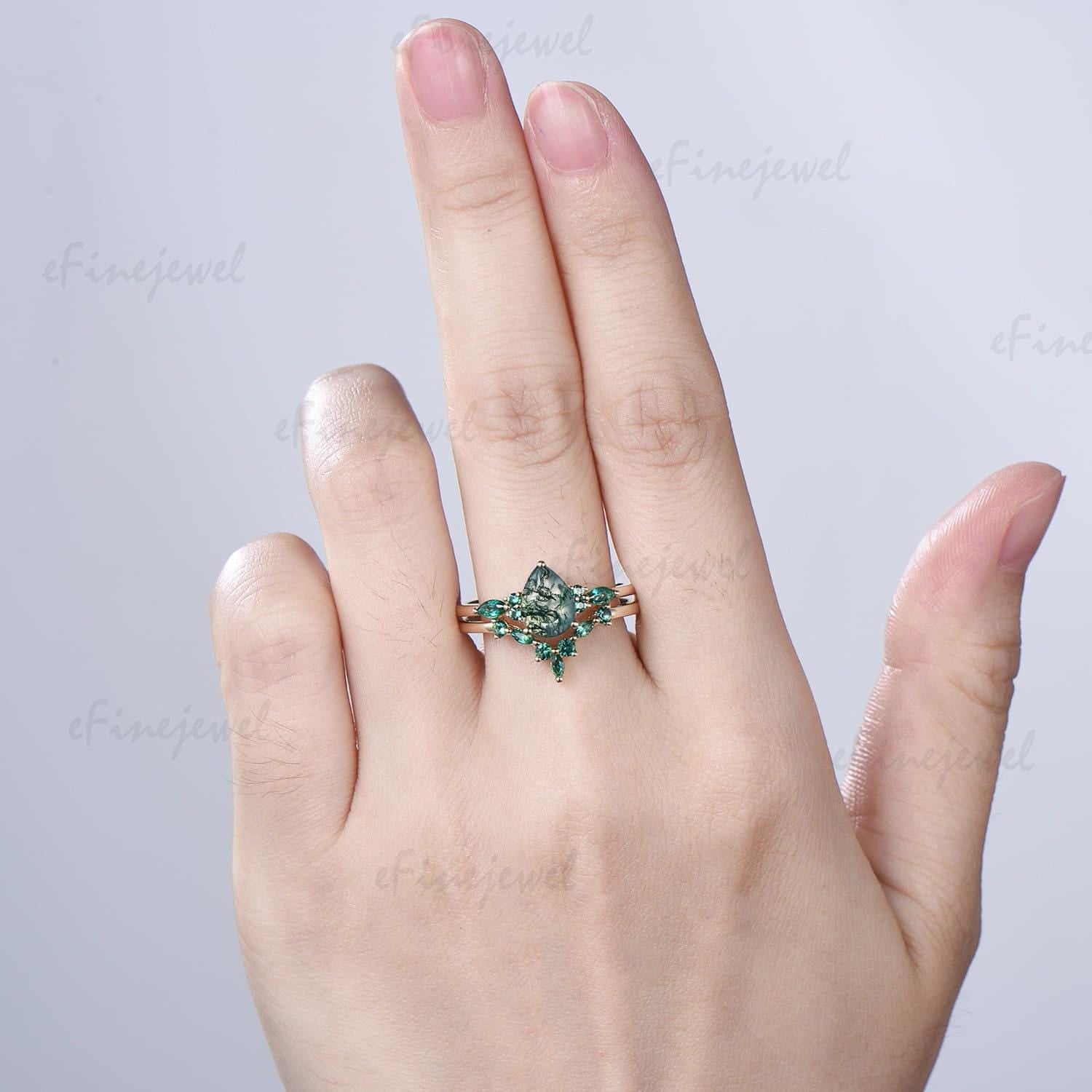 1.25 Ct Pear Shaped Natural Moss Agate Engagement Ring Set, Art Deco Marquise Wedding Band, Green Emerald Bridal Set