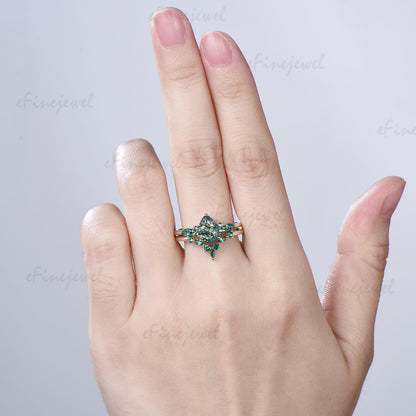 1.25 Ct Pear Shaped Natural Moss Agate Engagement Ring Set, Art Deco Marquise Wedding Band, Green Emerald Bridal Set