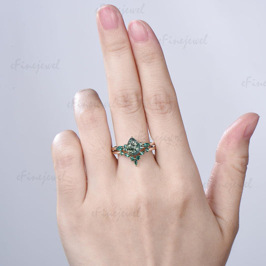 1.25 Ct Pear Shaped Natural Moss Agate Engagement Ring Set, Art Deco Marquise Wedding Band, Green Emerald Bridal Set