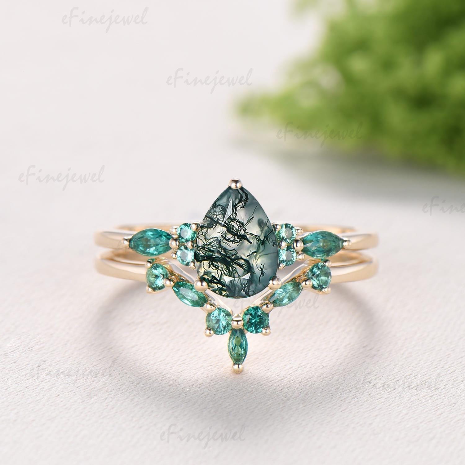 1.25 Ct Pear Shaped Natural Moss Agate Engagement Ring Set, Art Deco Marquise Wedding Band, Green Emerald Bridal Set
