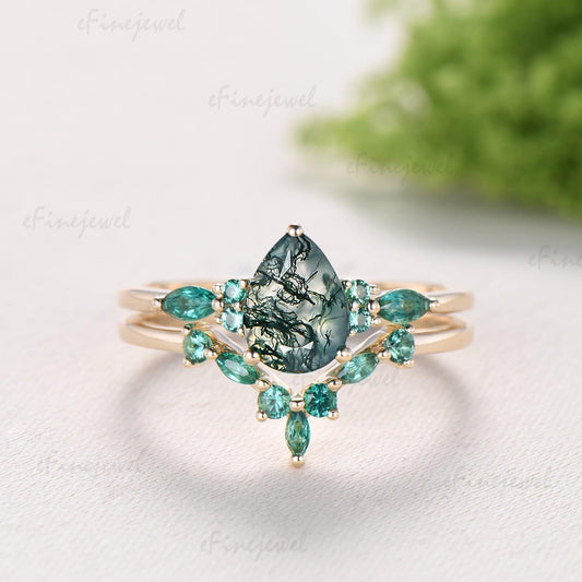 1.25 Ct Pear Shaped Natural Moss Agate Engagement Ring Set, Art Deco Marquise Wedding Band, Green Emerald Bridal Set