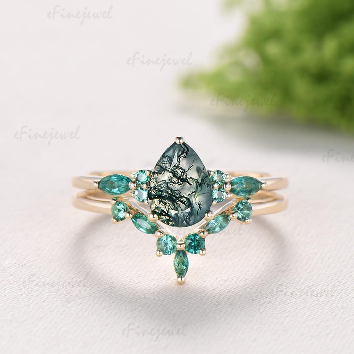 1.25 Ct Pear Shaped Natural Moss Agate Engagement Ring Set, Art Deco Marquise Wedding Band, Green Emerald Bridal Set