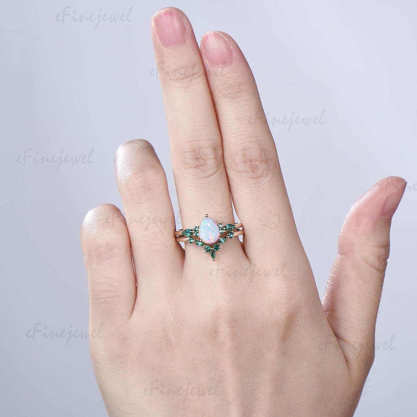 Pear White Opal Engagement Ring Set, Art Deco Marquise Emerald Wedding Band, Fire Opal Emerald Wedding Set