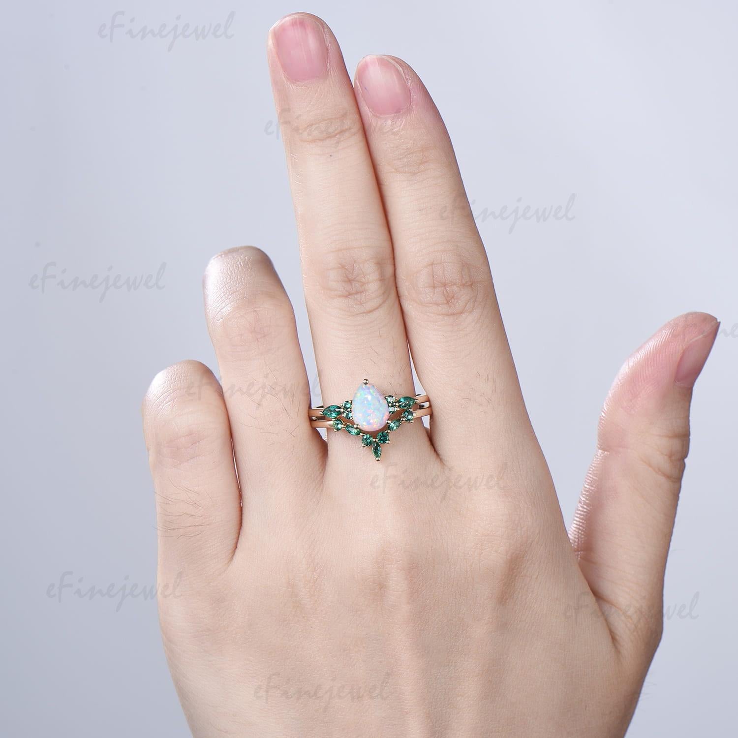 Pear White Opal Engagement Ring Set, Art Deco Marquise Emerald Wedding Band, Fire Opal Emerald Wedding Set