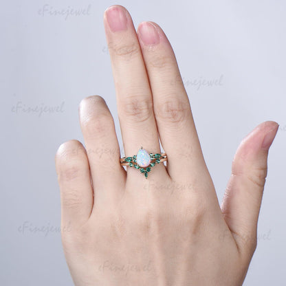 Pear White Opal Engagement Ring Set, Art Deco Marquise Emerald Wedding Band, Fire Opal Emerald Wedding Set