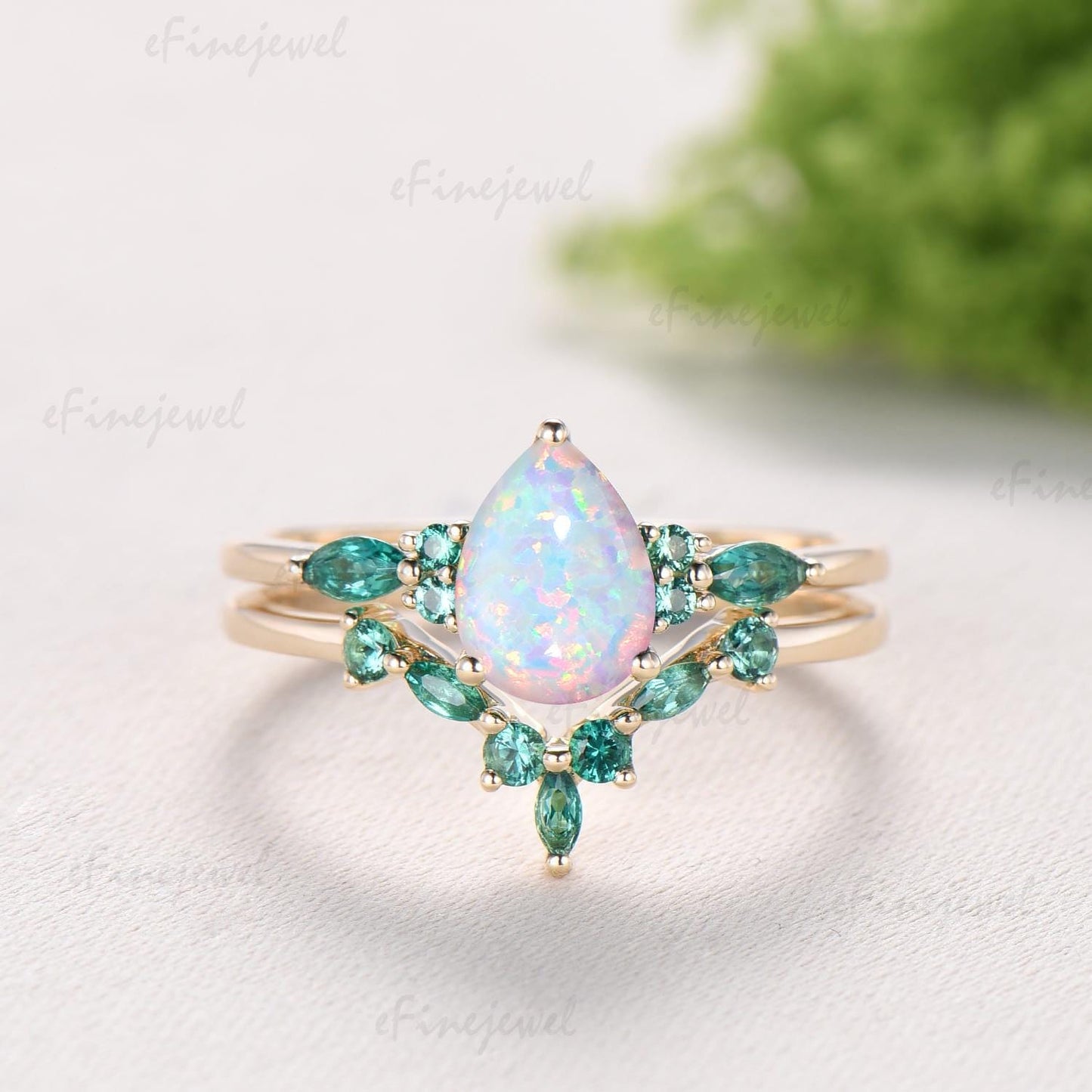 Pear White Opal Engagement Ring Set, Art Deco Marquise Emerald Wedding Band, Fire Opal Emerald Wedding Set
