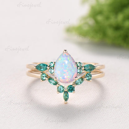 Pear White Opal Engagement Ring Set, Art Deco Marquise Emerald Wedding Band, Fire Opal Emerald Wedding Set