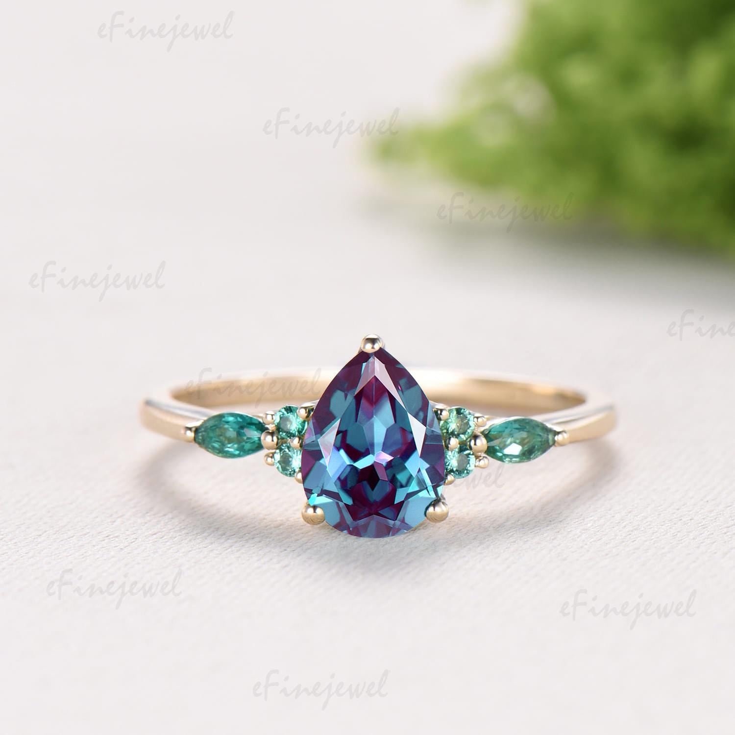Pear Alexandrite Engagement Ring Set, Art Deco Marquise Emerald Wedding Band, Color Change Gemstone Bridal Set