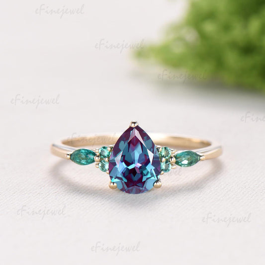 Pear Alexandrite Engagement Ring Set, Art Deco Marquise Emerald Wedding Band, Color Change Gemstone Bridal Set
