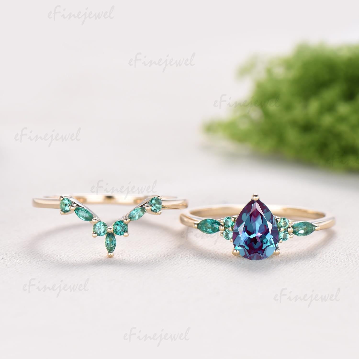Pear Alexandrite Engagement Ring Set, Art Deco Marquise Emerald Wedding Band, Color Change Gemstone Bridal Set