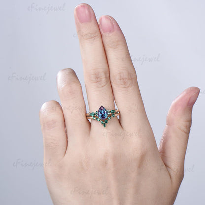 Pear Alexandrite Engagement Ring Set, Art Deco Marquise Emerald Wedding Band, Color Change Gemstone Bridal Set