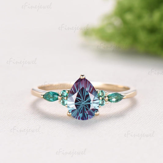 1.25 CT Pear Vintage Firework Cut Alexandrite Engagement Ring Set, Art Deco Marquise Emerald Wedding Band