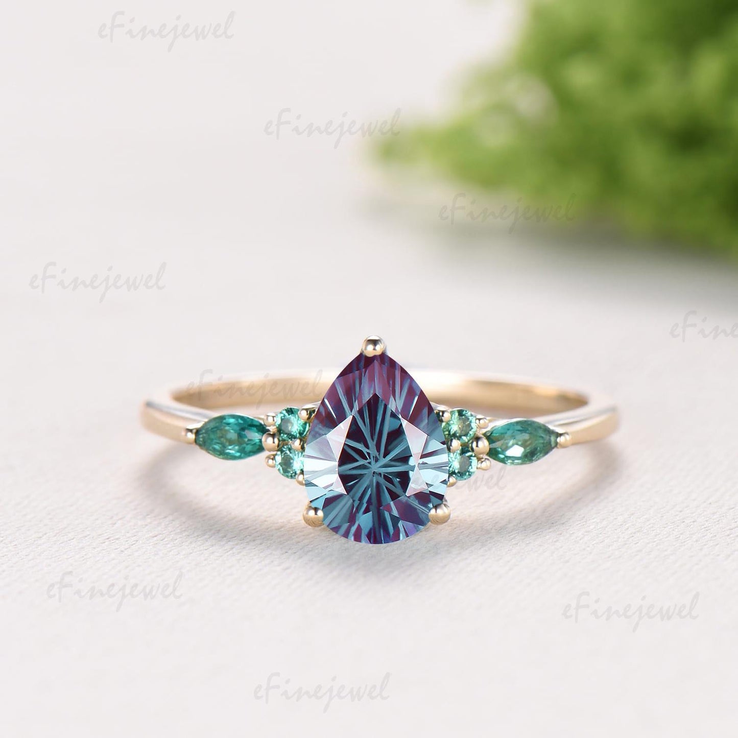 1.25 CT Pear Vintage Firework Cut Alexandrite Engagement Ring Set, Art Deco Marquise Emerald Wedding Band