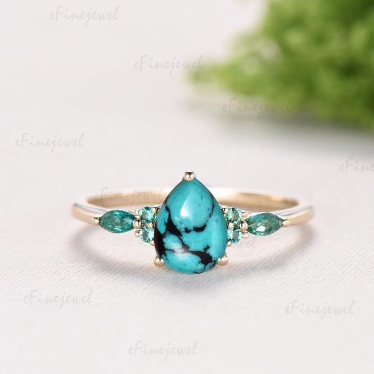 Vintage Pear Turquoise Engagement Ring Set, Art Deco Marquise Emerald Wedding Band,14K Yellow Gold Bridal Set