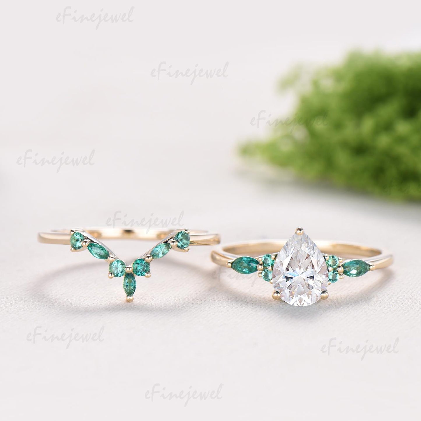 Vintage Pear Shaped Lab Grown Diamond&Moissanite Engagement Ring Set, Art Deco Marquise Emerald Wedding Band, 14K Yellow Gold Bridal Set
