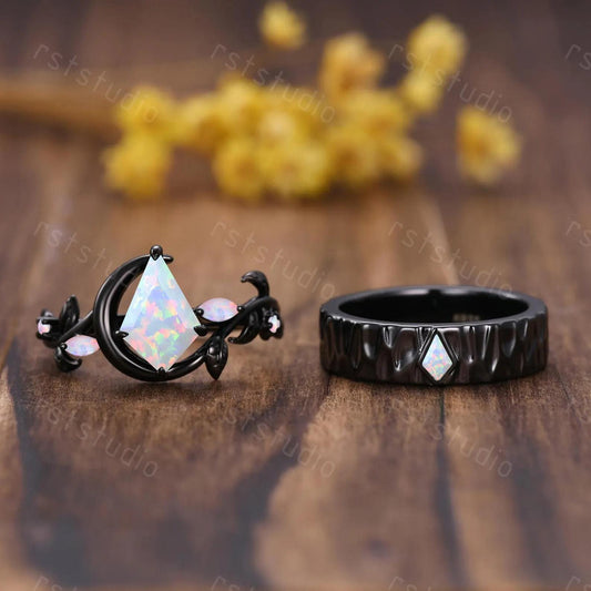 Gothic Kite Cut Fire White Opal Engagement Ring Set ¨C Black Gold Nature Inspired Couples Band, His and Her Ring